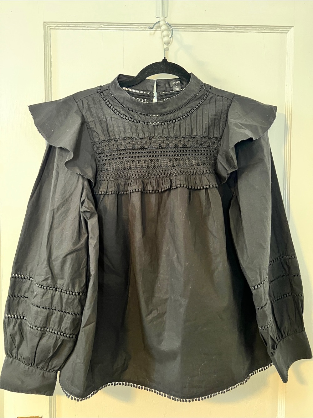 J.CREW Black Crocheted Lace Ruffle Blouse Size L Boho, Prairie, Romantic